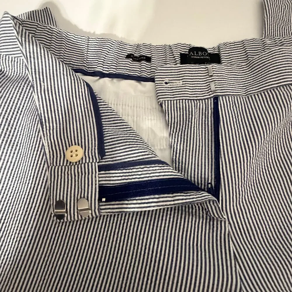 Talbots Signature Striped Seersucker Crop Capri Pants Blue White 16W PETITE